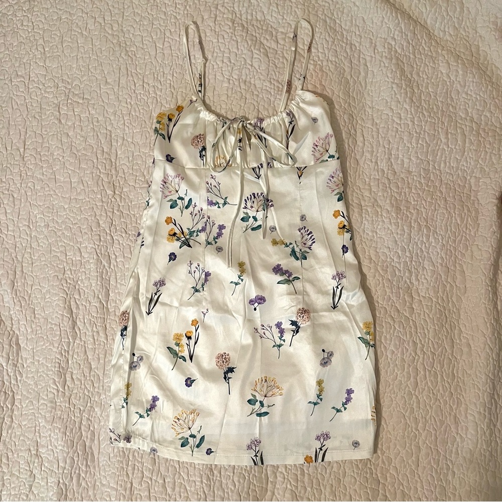White silk floral mini dress